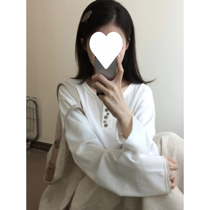 工厂直销批发 韩系白色纽扣长袖T恤女早秋宽松慵懒风松弛感罩衫上|undefined