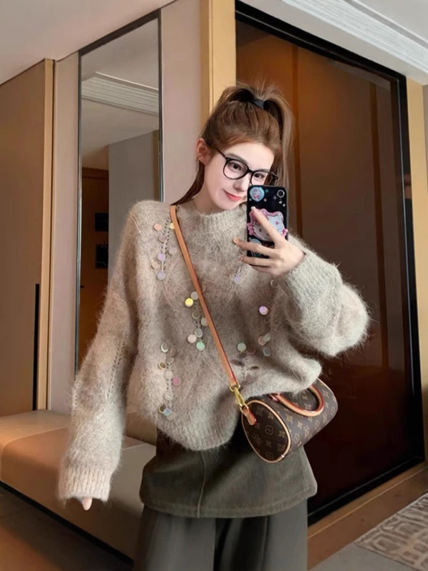 富家千金感穿搭美拉德重工亮片毛衣女秋冬季加厚针织衫半身裙套装|undefined