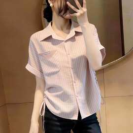洋气polo领条纹抽绳褶皱大码衬衫女夏季胖mm韩系宽松绝美显瘦衬衣