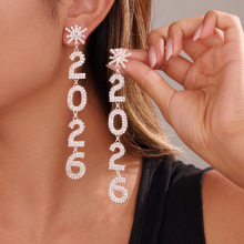 欧美跨境饰品2026数字水钻长款耳环女士气质百搭水晶耳饰宴会耳环