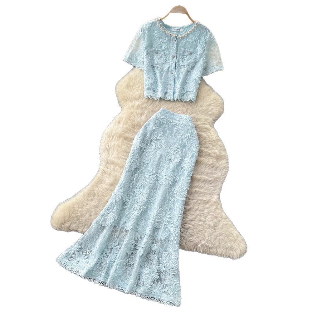 French Style Lace Patchwork Top And Skirt Set for Women Sexy Slimming Temperament Two-Piece Summer Outfit_ecoleips.com