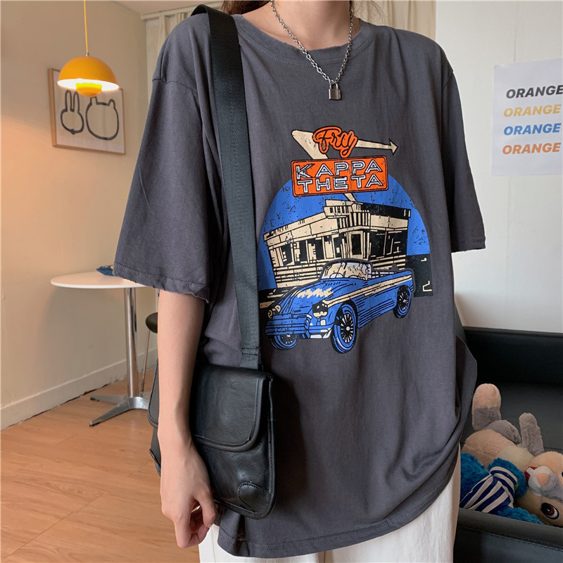 Dam t-shirt med cartoon tryck lös passform sommar topp_voghion.com