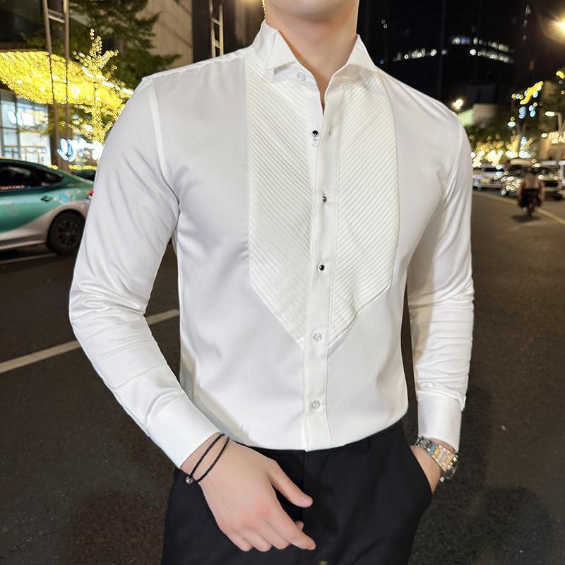 Shanlida Diyi Wing Collar Dress Shirt for Men, White Trendy Slim Fit French Style Accordion Pleated Wedding Shirt with a High-End Feel Shanlida Diyi Wing Collar Dress Shirt for Men, White Trendy Slim Fit French Style Accordion Pleated Wedding Shirt with a High-End Feel