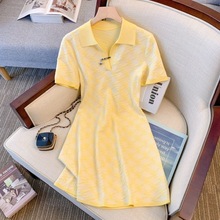 设计感~甜美夏季女装针织冰丝连衣裙显瘦洋气黄色polo领a字裙减龄