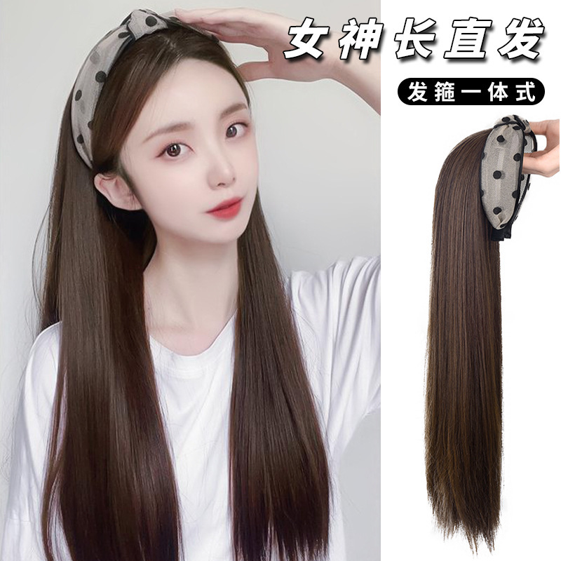 Mesh Polka Dot Headband Wig Half Headband Long Straight Hair All-In-One Versatile Black Long Straight Headband Wig Factory Wholesale