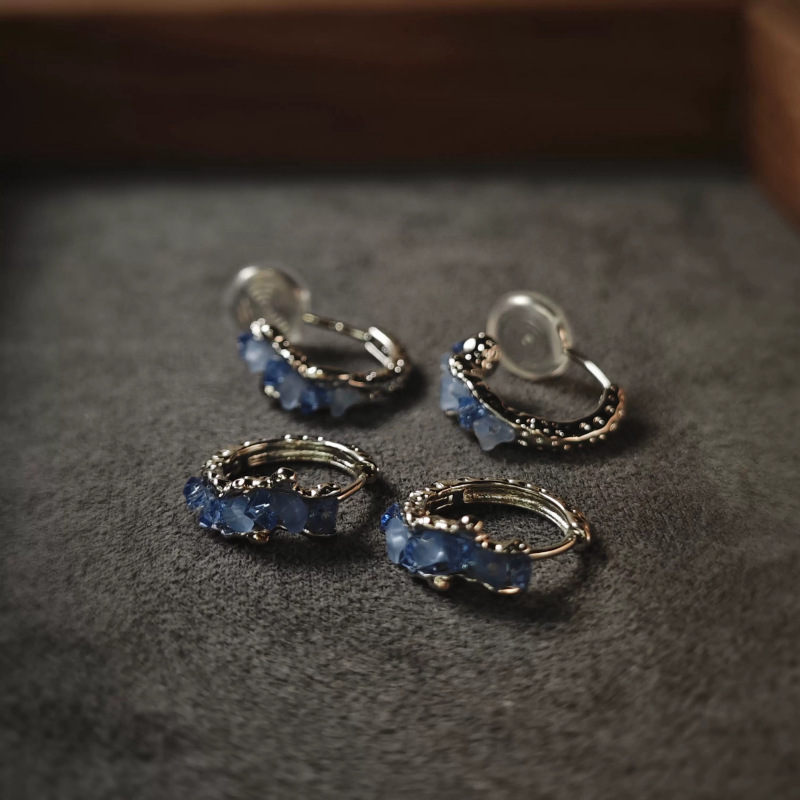 不规则金属蓝色水晶铜耳扣女小众设计复古耳饰蚊香盘无耳洞耳夹