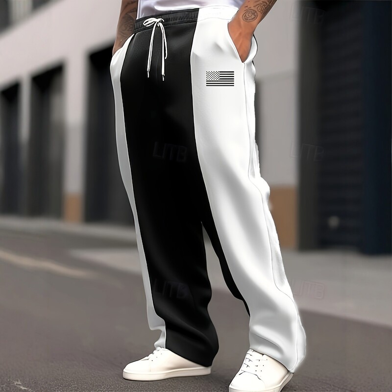 Cross-Border Foreign Trade Men's Black and White Color-Blocked Flag Sweatpants, Loose Drapey Drawstring Street Style Straight-Leg Sports Pants Wholesale