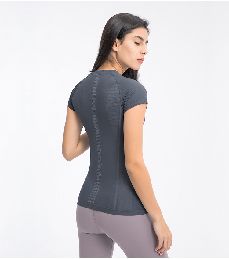 round neck slim solid color short-sleeved elastic yoga top NSDQF127353