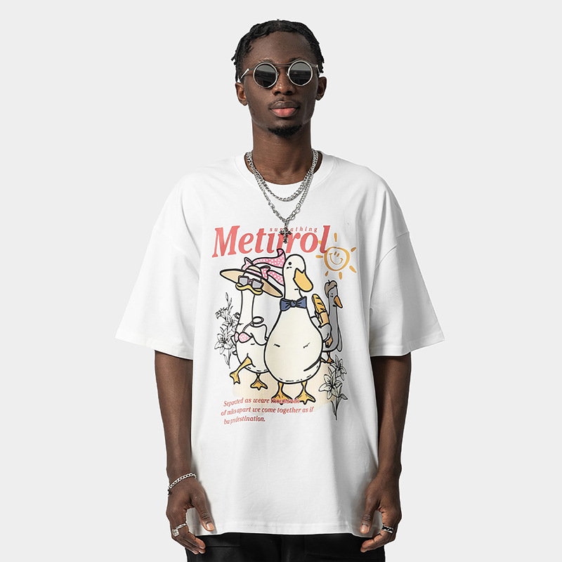 American Trendy Duck Print Kurzarm T-Shirt Herren Loose Oversize Trendy High Street Paar Vielseitiges T-Shirt_voghion.com