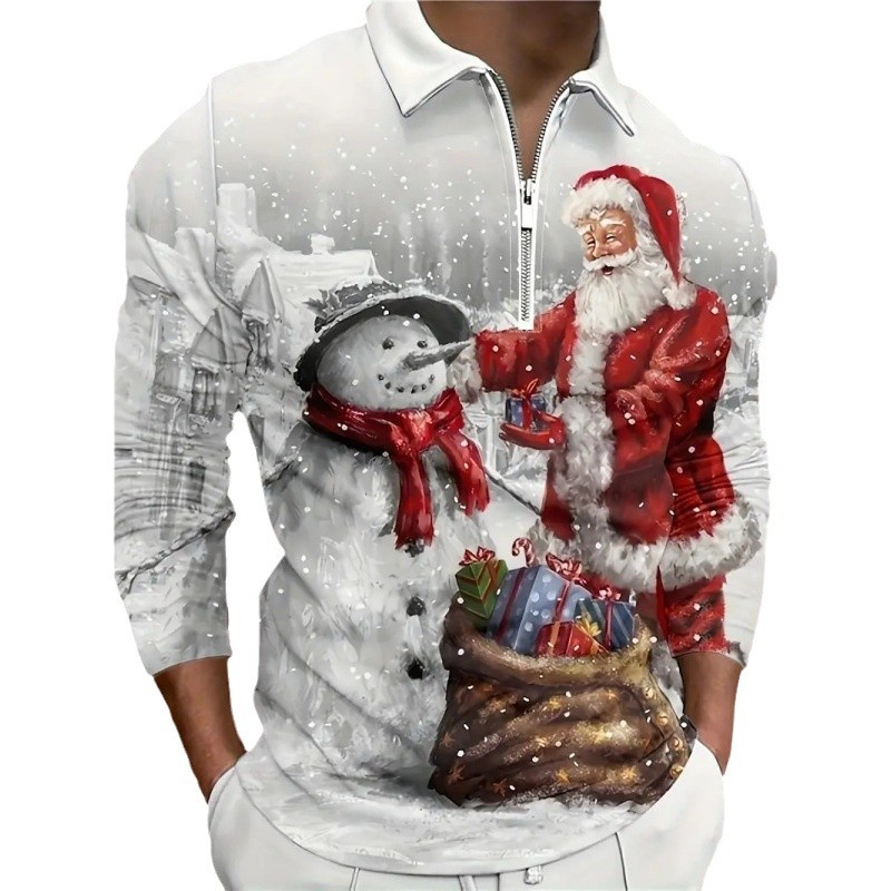 Divertido Papá Noel con estampado 3D para hombre primavera y otoño solapa suelta manga larga cremallera camisa POLO venta directa de fábrica