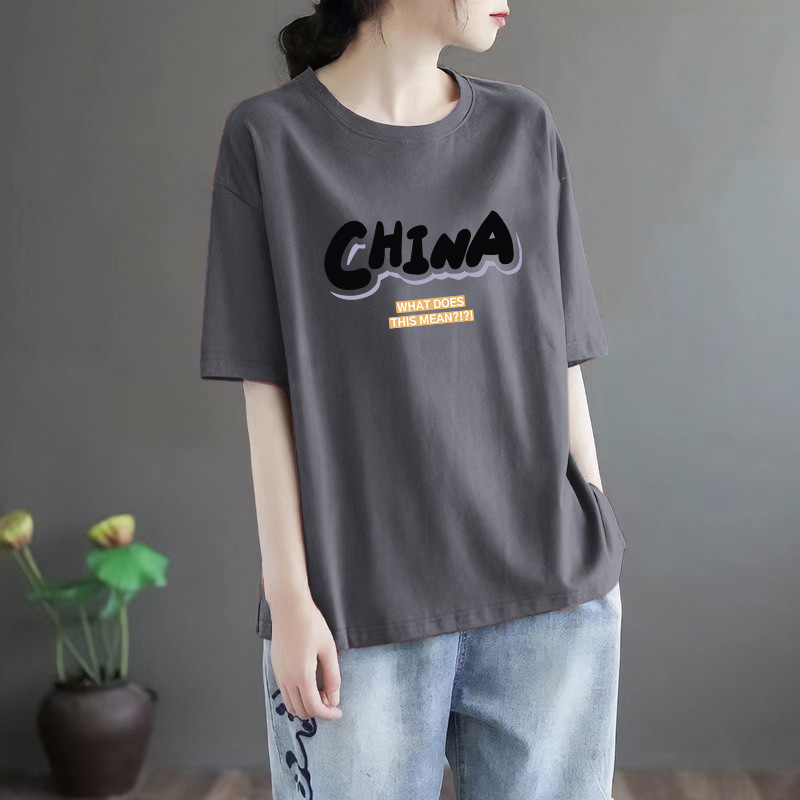 淘宝服ファッショングレー新しいラウンドネックルーズ半袖Tシャツ女性の新しいデザインの文学トップ|undefined