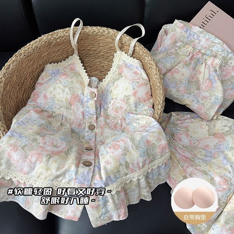 Monet Garden Three-Piece Pajamas Set for Women, New Summer Style with Chest Pads, Camisole Shorts, Solid Color V-Neck Casual Loungewear