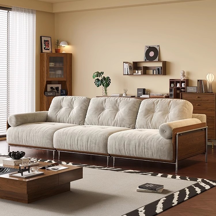 Sofá de cuero de estilo medio, sala de estar, estilo retro, hogar italiano de alta gama, apartamento pequeño en línea recta, sofá de cuero de tres posiciones