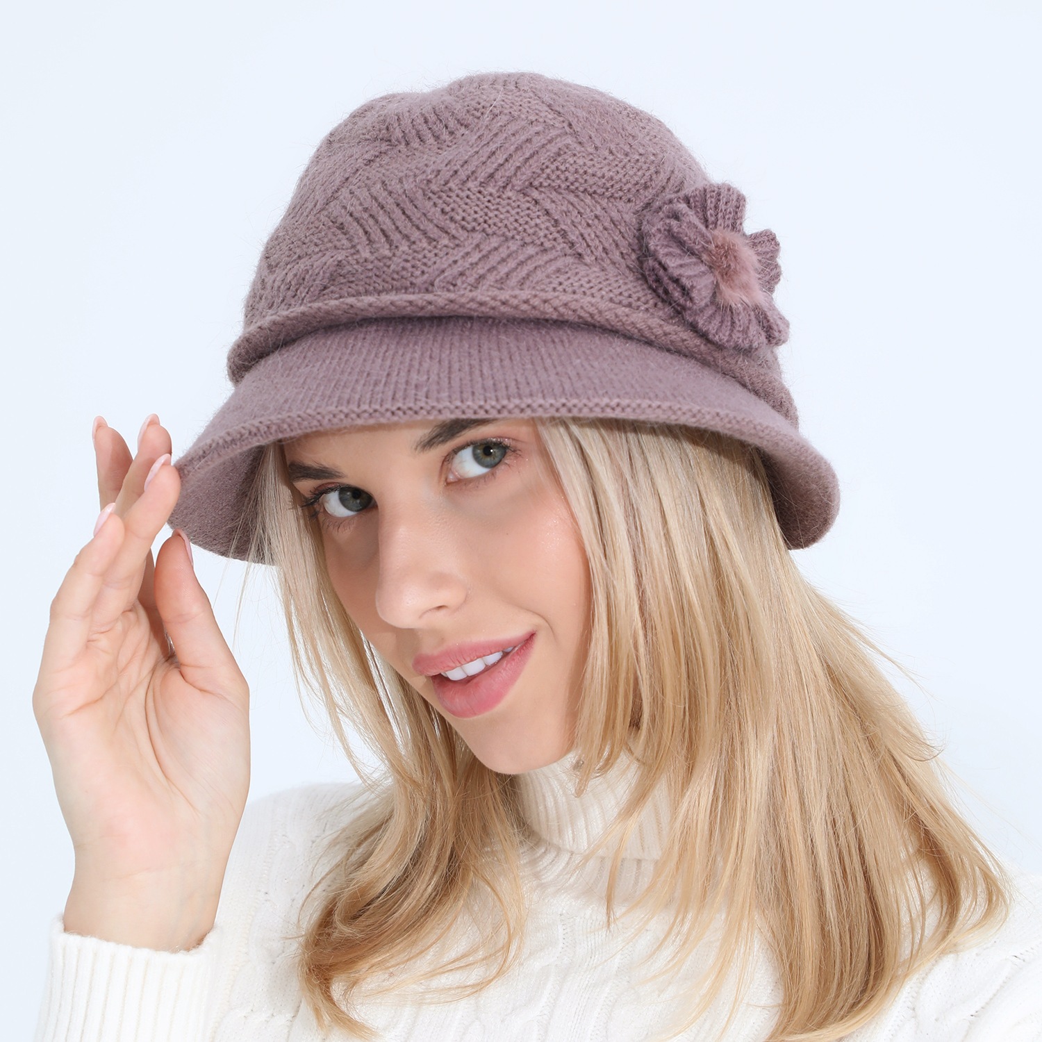 Gestrickte neue frauen herbst und winter blume mode mom kaninchen haar topf plüsch verdickt warme mütze_voghion.com