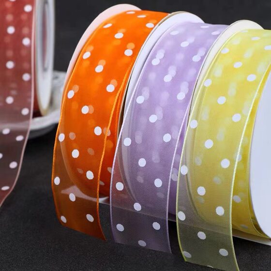 25mm printed dot Korean yarn colorful transparent chiffon polka dot ribbon diy hair accessories handmade material jewelry accessories