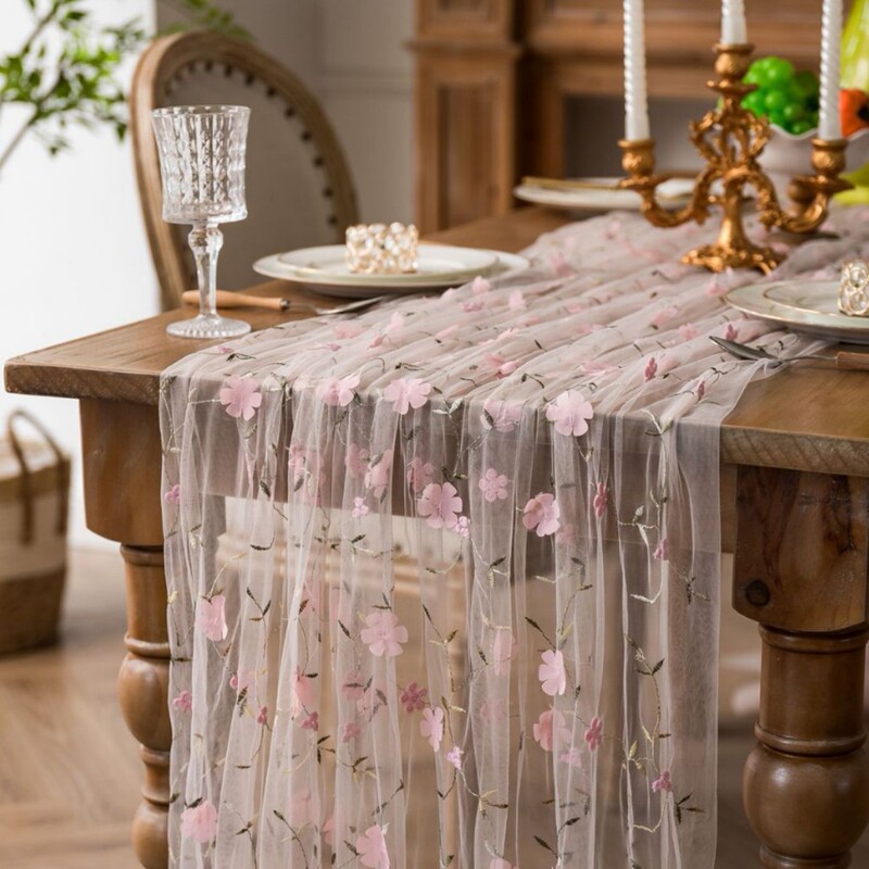 Cross-Border Table Runner Embroidered with Transparent Lace and Pleated Tulle, French Vintage Style, Suitable for Christmas Gatherings, Weddings, and Parties, Long Tablecloth