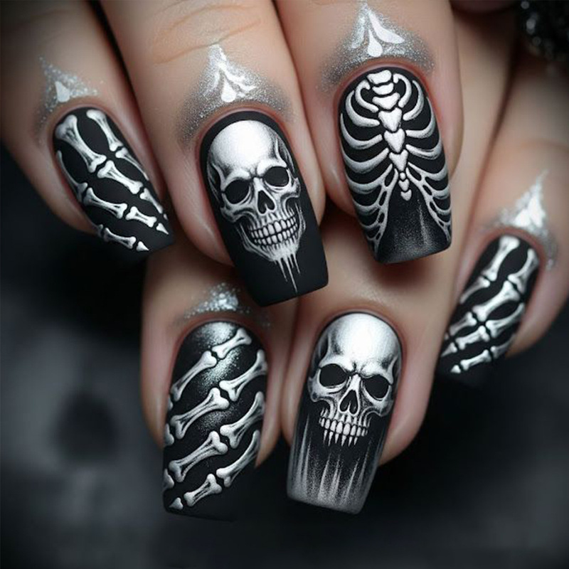 Halloween Wearable Nails Medium Square Cartoon Skull Reusable Fake Nails Manicure Nail Tips Halloween Wearable Nails Medium Square Cartoon Skull Reusable Fake Nails Manicure Nail Tips