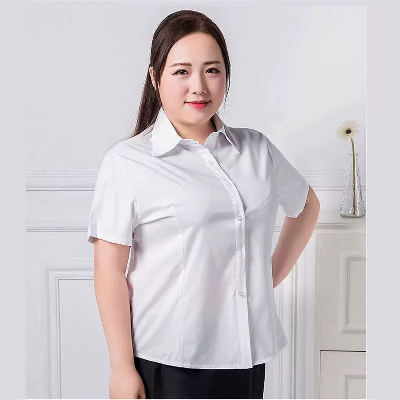 5XL-10XL工作服白衬衫女韩版修身长袖蓝色黑色打底衬衣职业装大码
