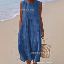 2025跨境新款亚马逊独立站3d印花圆领套头时尚流行拼接女士连衣裙