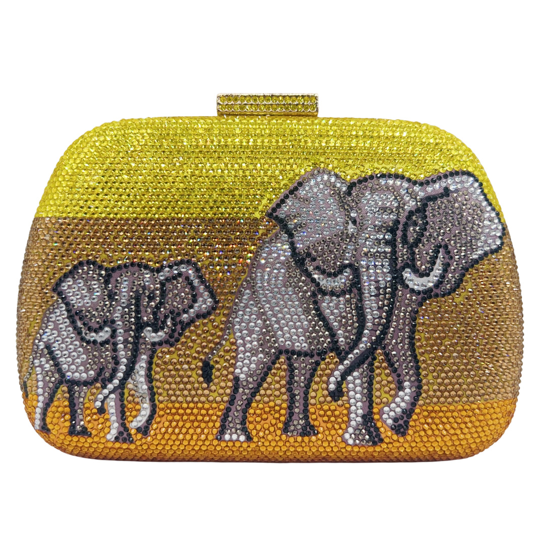 Túi clutch nữ hình voi mẹ con hai mặt đính đá, tay cầm khoan — màu vàng