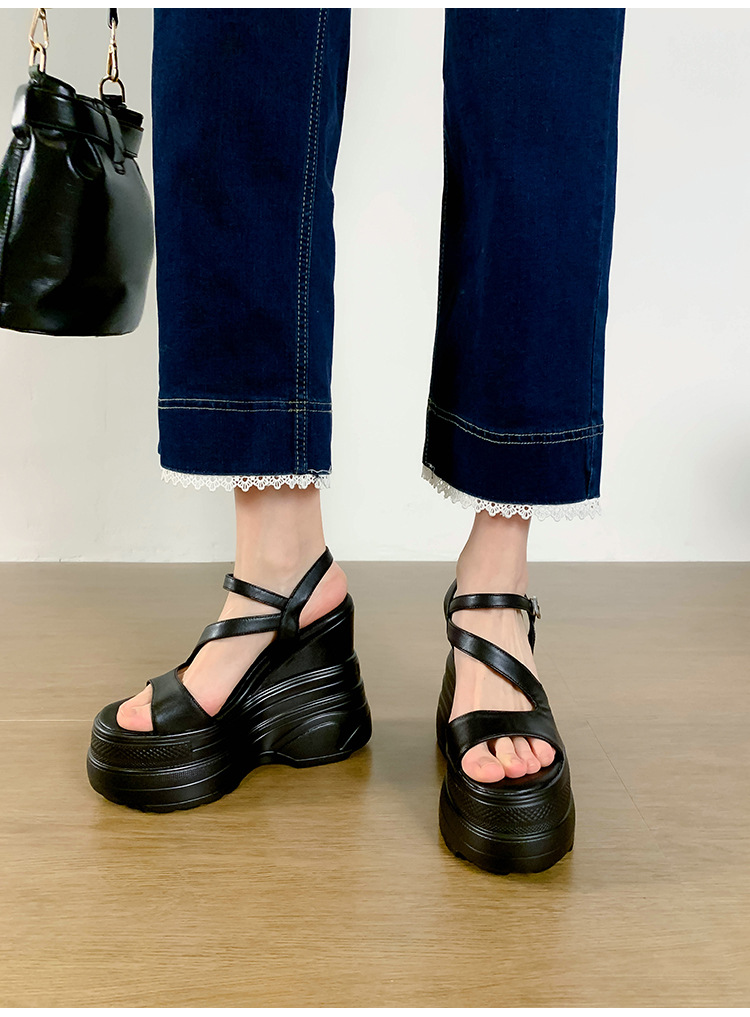 Sandal cao gót nữ hở mũi đế xuồng platform da bò thật, gót 12 cm, phong cách La Mã — màu đen, màu trắng, màu mơ chi tiết 9