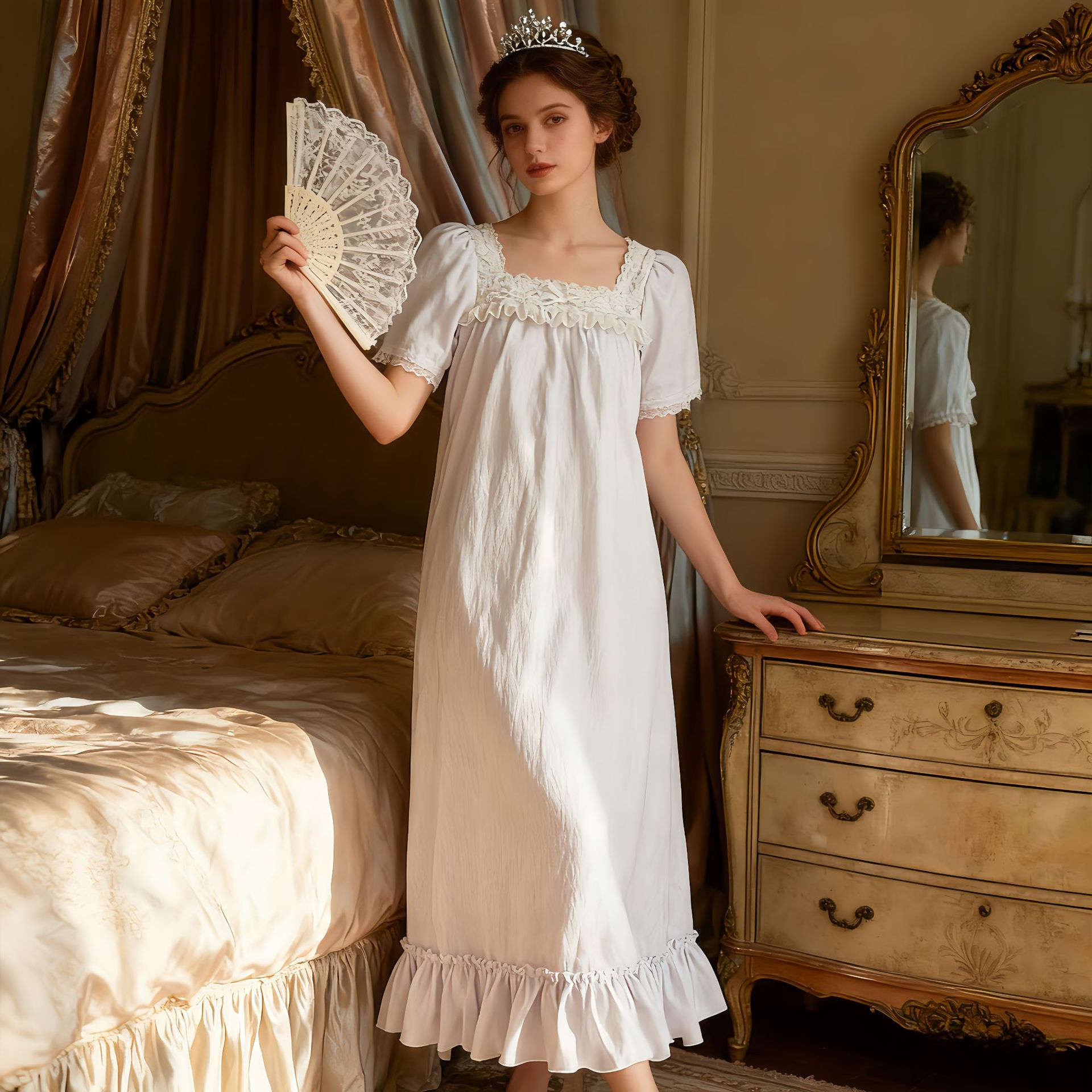 法式宫廷风蕾丝花边睡裙女春秋季新款褶皱宽松大码家居服睡衣跨境