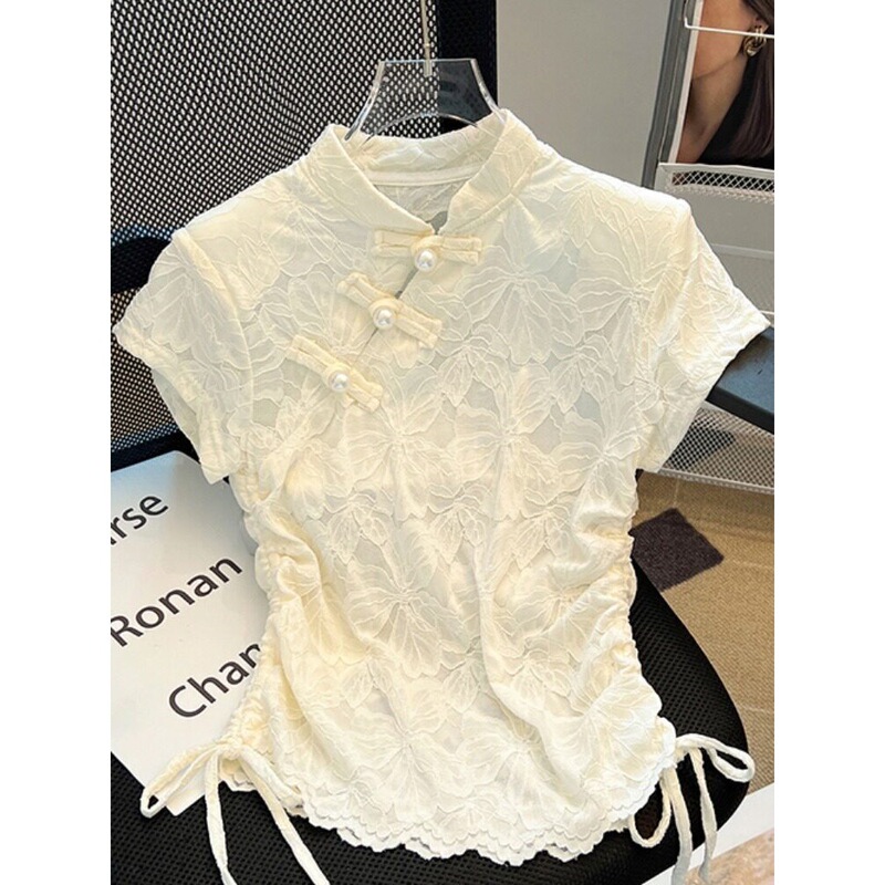 New Chinese-Style Stand-Collar National Style Lace Short-Sleeve T-Shirt for Women, 2026 New Summer Model, Waist-Cinching Short Retro Button-Up Top