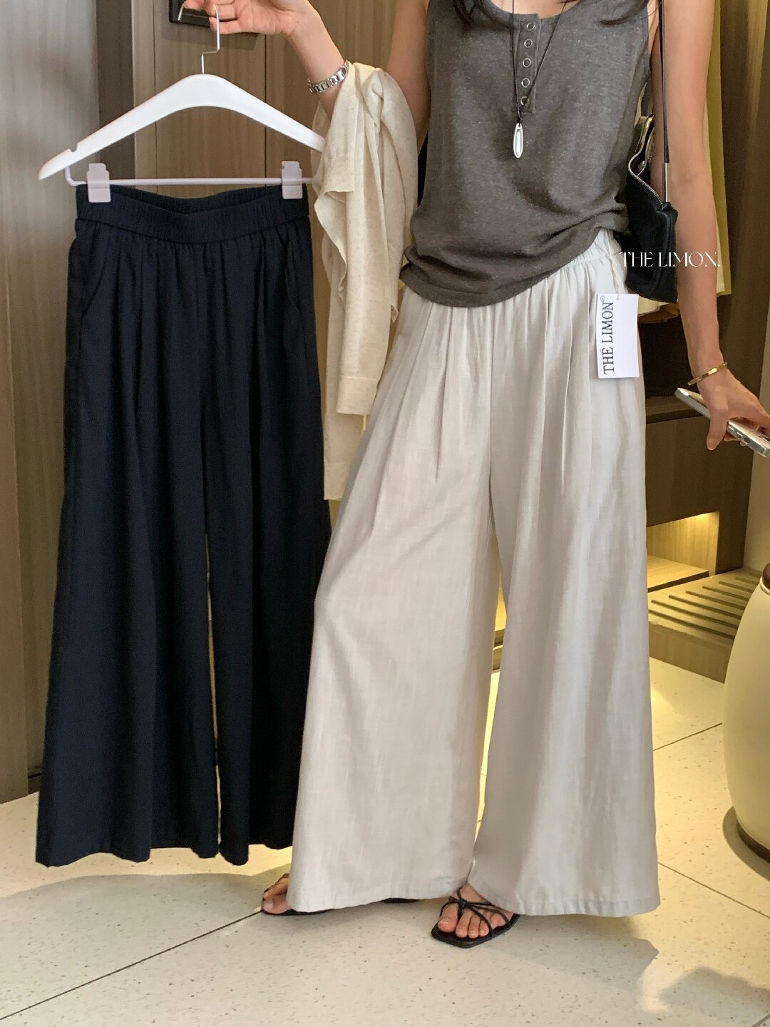 Quần ống rộng nữ vải linen phối cotton dáng suông mùa hè — Xám gạo, Xanh xám nhạt, Xanh đen, Cam bí ngô chi tiết 46