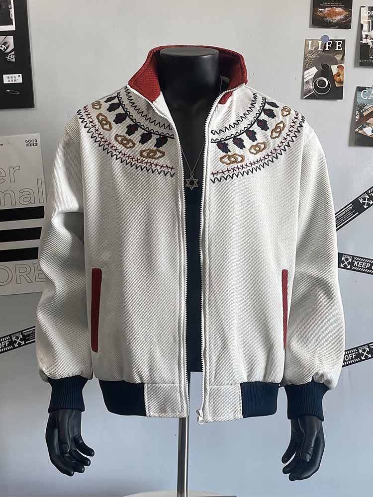 Embroidered Contrasting Design, Stand Up Collar Jacket, Fel Island Knit Sweater, Cardigan Jacket, Top_voghion.com