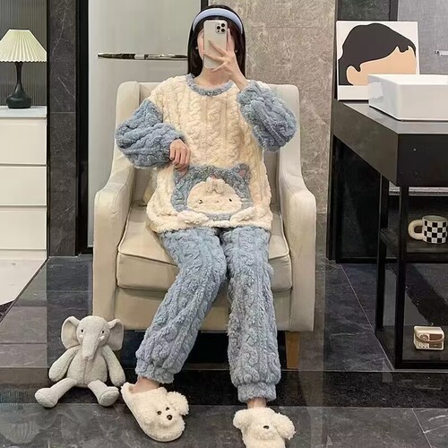 Flannel pajama set for women - winter two-piece set, Korean-style sweet and cute student homecoming coral fleece lined and thick bedding set