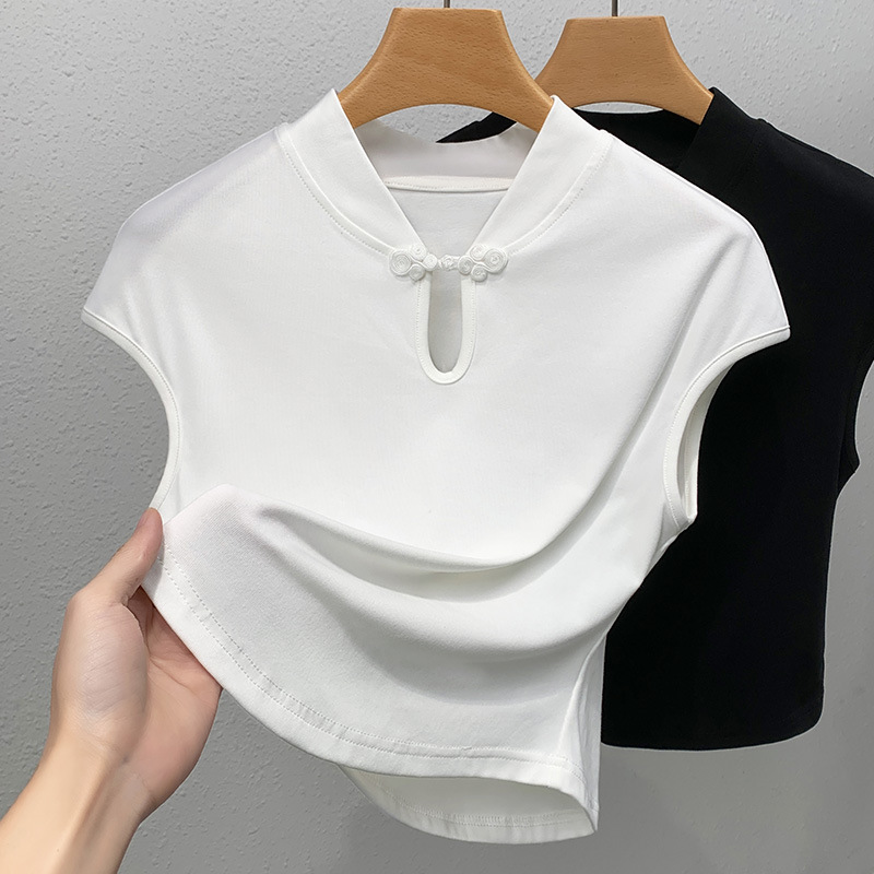 Camiseta de mangas cortas de botón de viento nacional para mujeres 2024 nueva ropa de mujer cuello vertical camiseta de color sólido camiseta de hombro de camisa china