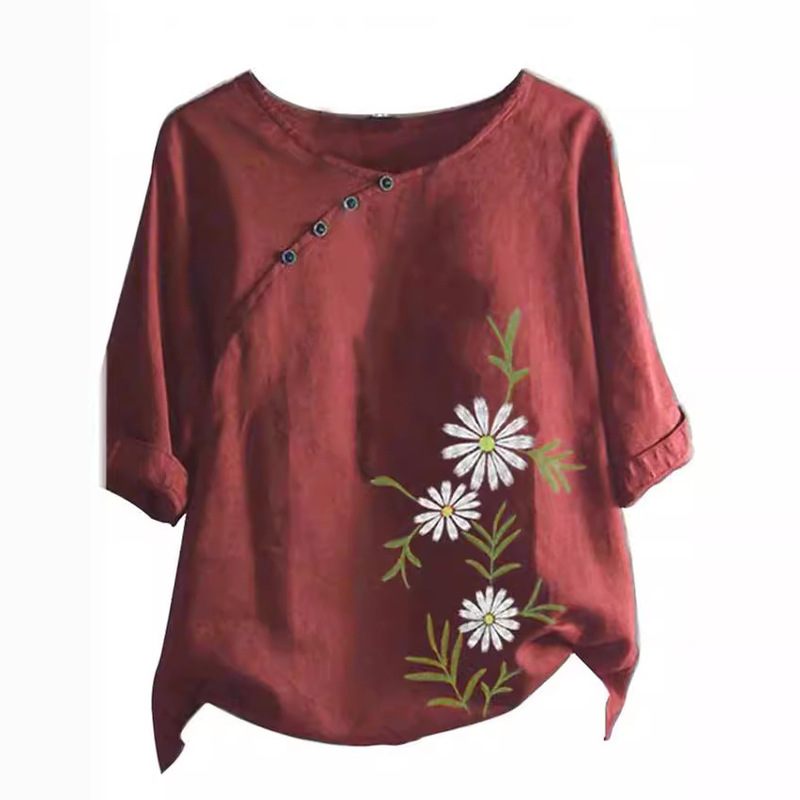 Foreign Trade Independent Station New Shirt Women's Flower 3D Printing Slub Round Neck Short Sleeve Button Seven-point Sleeve Shirt