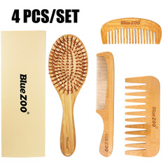 4-Piece Wide and Slim-Tooth Comb BlueZOO Cross-Border Best-Selling Bamboo Hair Comb for Portable Hair Styling and Scalp Massage