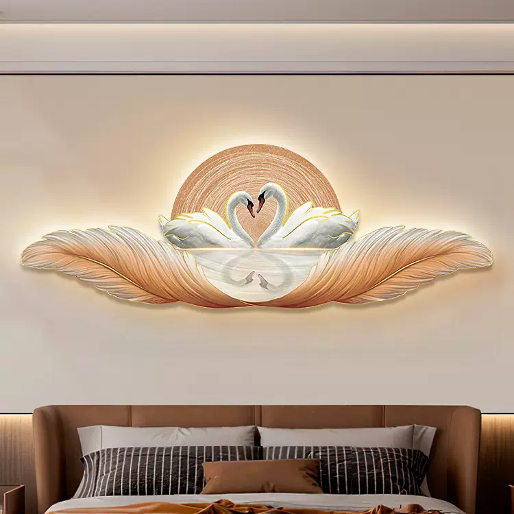 现代轻奢卧室床头天鹅挂画LED带灯装饰画沙发背景墙羽毛装饰壁画