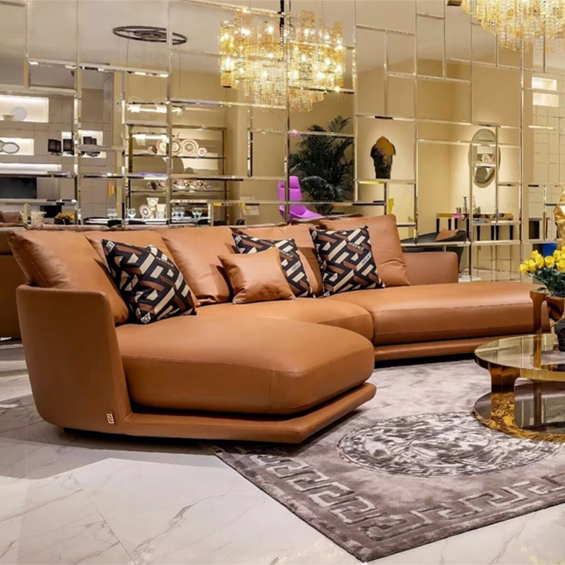 Italian-Style Light Luxury Genuine Leather Sofa Designer Villa Living Room Modern Minimalist Curved Straight-Row Office Sofa Made of Top-Grade Cowhide