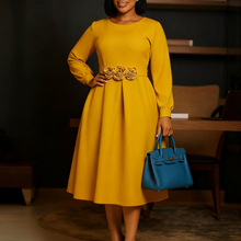 D602外贸女装亚马逊2025秋冬新款圆领长袖立体花朵裙摆非洲连衣裙