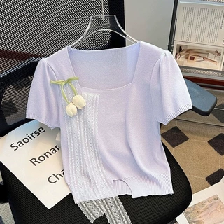 法式方领甜美短袖T恤女夏季蕾丝边立体花朵别致冰丝针织短款上衣