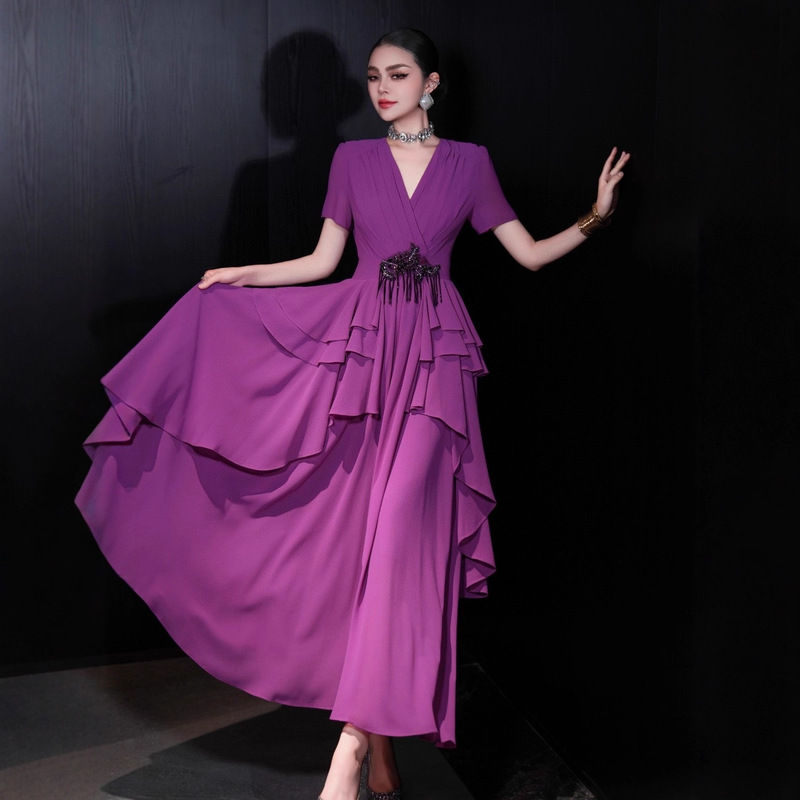 High-End Purple Long Dress, Short Sleeves, V-Neck + Tassels at the Waist, Elegant Large Skirt, Annual Party, Prom Wear