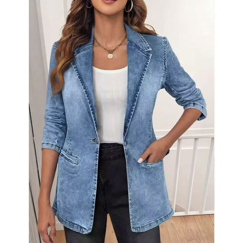 Cross-border European and American mid-length washed denim slim-fit blazer with a lapel collar and single-breasted design for a slimming and stylish look, suitable for commuting Cross-border European and American mid-length washed denim slim-fit blazer with a lapel collar and single-breasted design for a slimming and stylish look, suitable for commuting