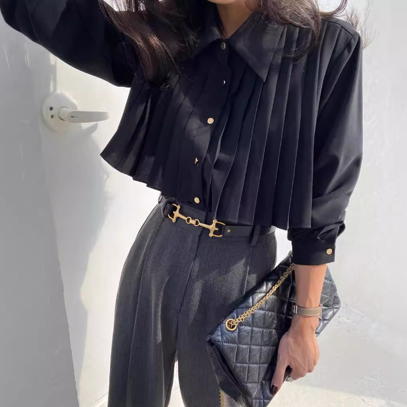 Korean Chic Early Spring New Style Korean Version Heavy Pleated Patchwork Design Fashionable Shirt for Women Loose Short Top