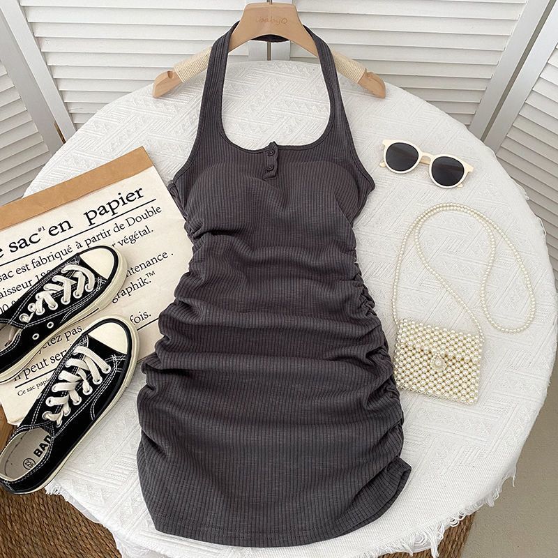 Trendy Versatile Halter Neck Ruched Slim-Fit Sleeveless Tank Top Backless Dress Short Skirt Base Dress for Women