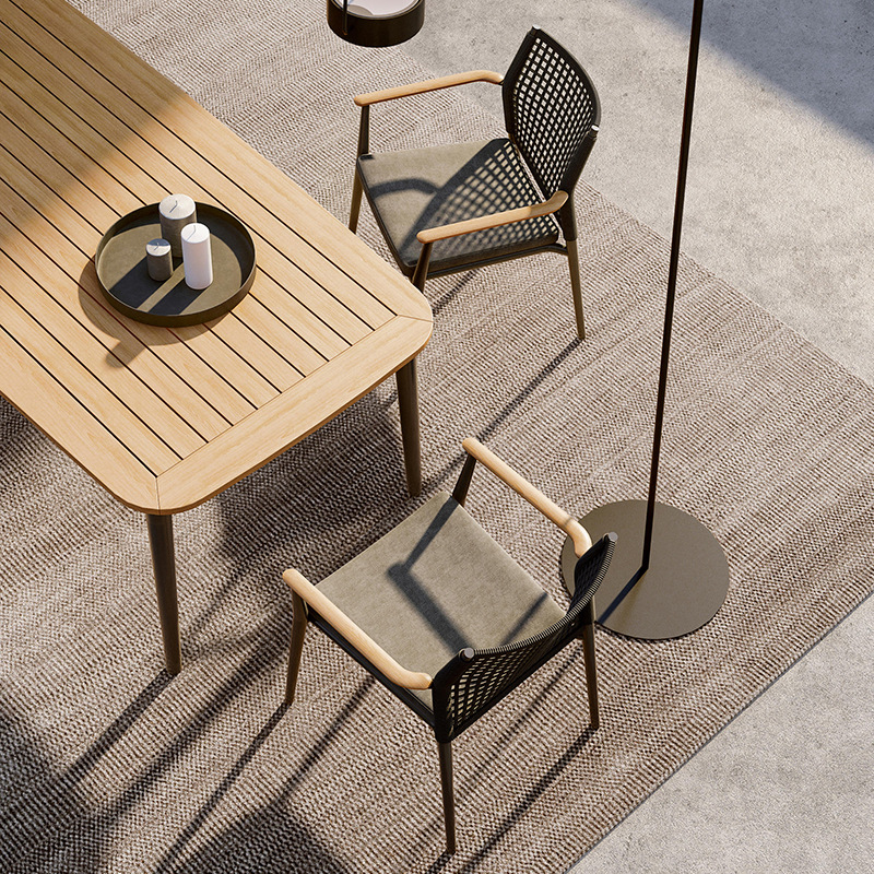 Mesas y sillas de ratán para exteriores, muebles de ocio impermeables y resistentes al sol para patio exterior, conjunto de mesa larga de teca para jardín o balcón de villa