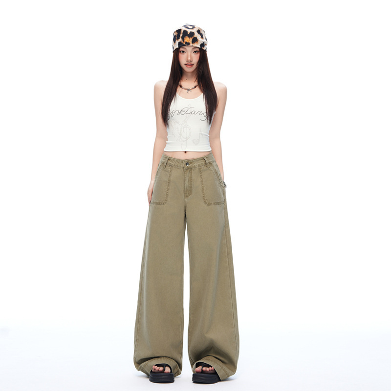 Khaki Cotton Wide-Leg Low-Waist Jeans for Women, Loose Fit, Slimming, Height-Enhancing, with a Draping Effect, Casual Pants