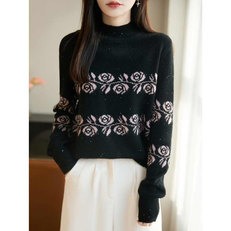 Rose Jacquard Sequin Half-Turtleneck Knit Sweater, New Autumn and Winter Thickened Pullover Loose Base Sweater Rose Jacquard Sequin Half-Turtleneck Knit Sweater, New Autumn and Winter Thickened Pullover Loose Base Sweater