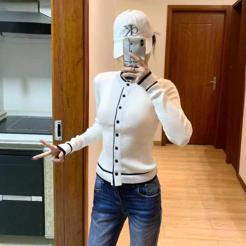 韩系小香风撞色毛衣开衫外套女秋季小个子显瘦修身针织打底衫上衣|undefined