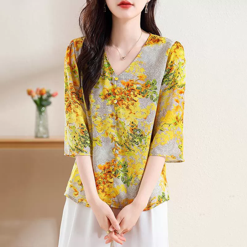 Yellow summer silk shirt, V-neckline