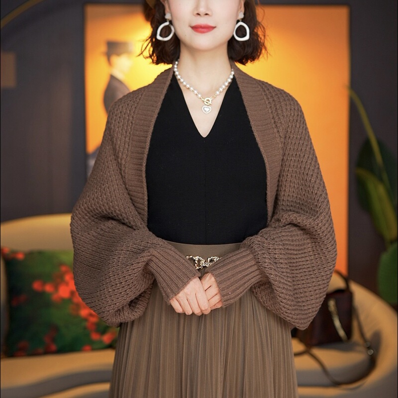 New Spring and Autumn hollow honeycomb mesh knitted fashionable all-match loose shawl long-sleeved top with cheongsam for women