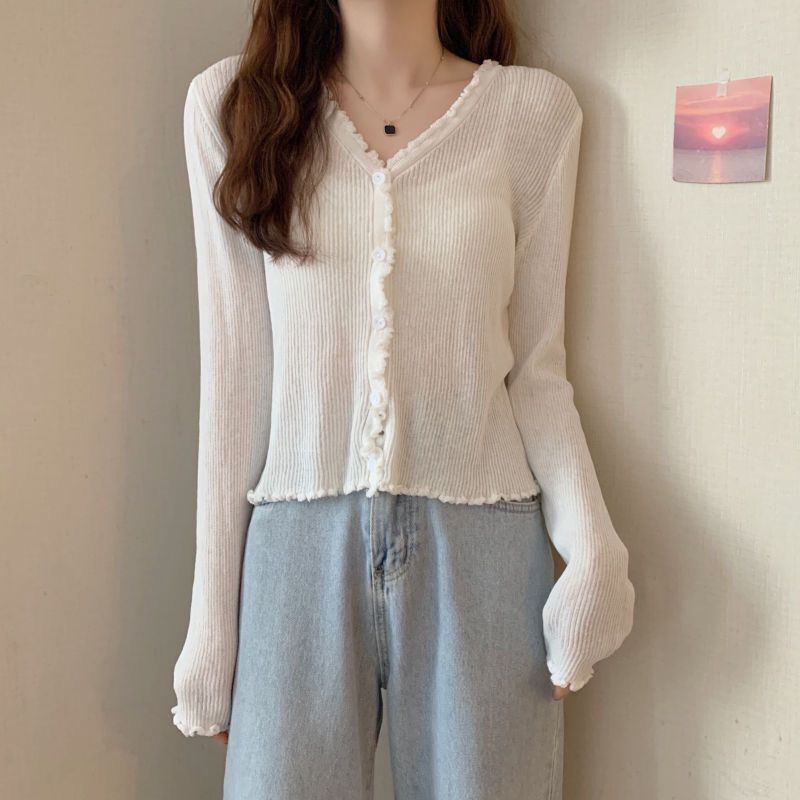 Women's Sweater Thin Gentle V-Neck Summer T-Shirt Long Sleeve