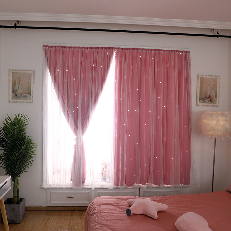 Fábrica directa red hueco estrella velcro cortina dormitorio libre de perforación instalar tipo autoadhesivo simple