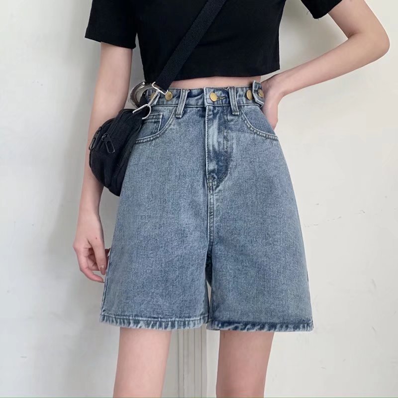 Blue Denim shorts women's Hong Kong style high waist straight slimming loose retro cropped pants for Summer 2024